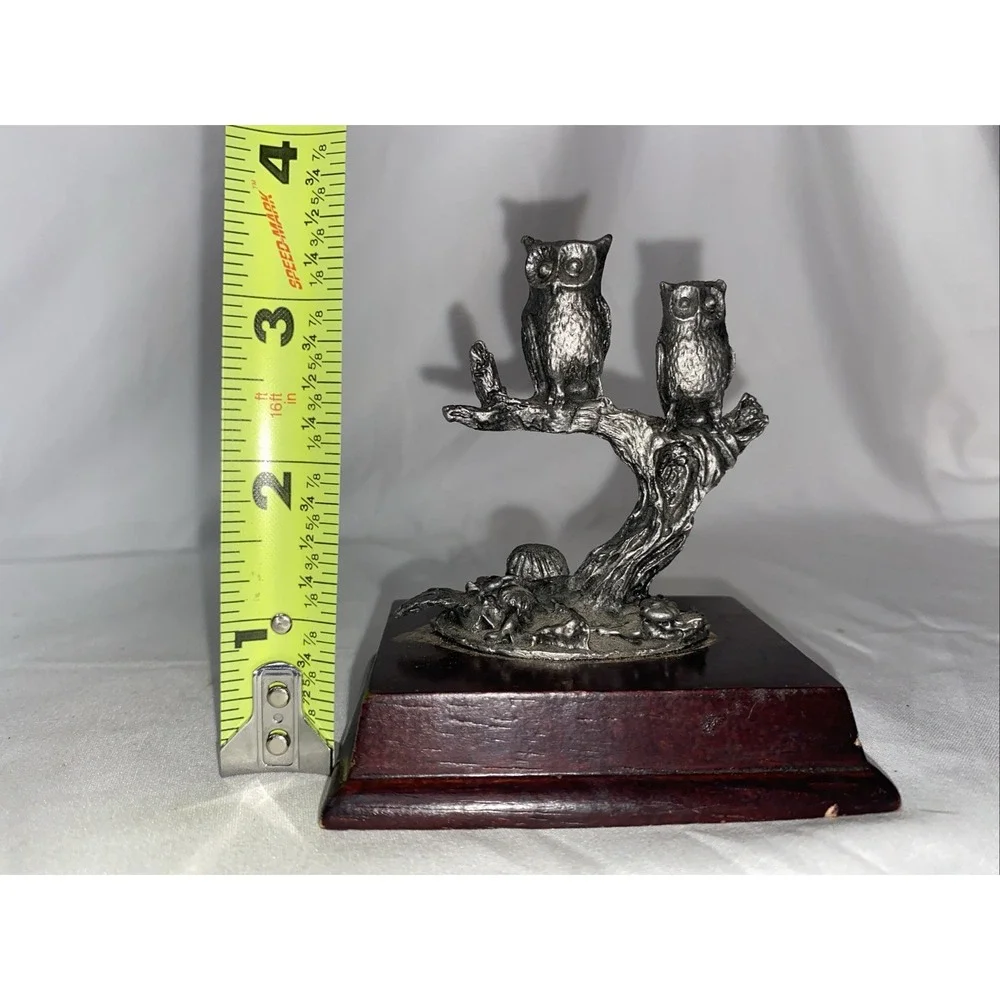 Pewter‎ Owls On Branch with Mushrooms Figurine Wood Base Vintage